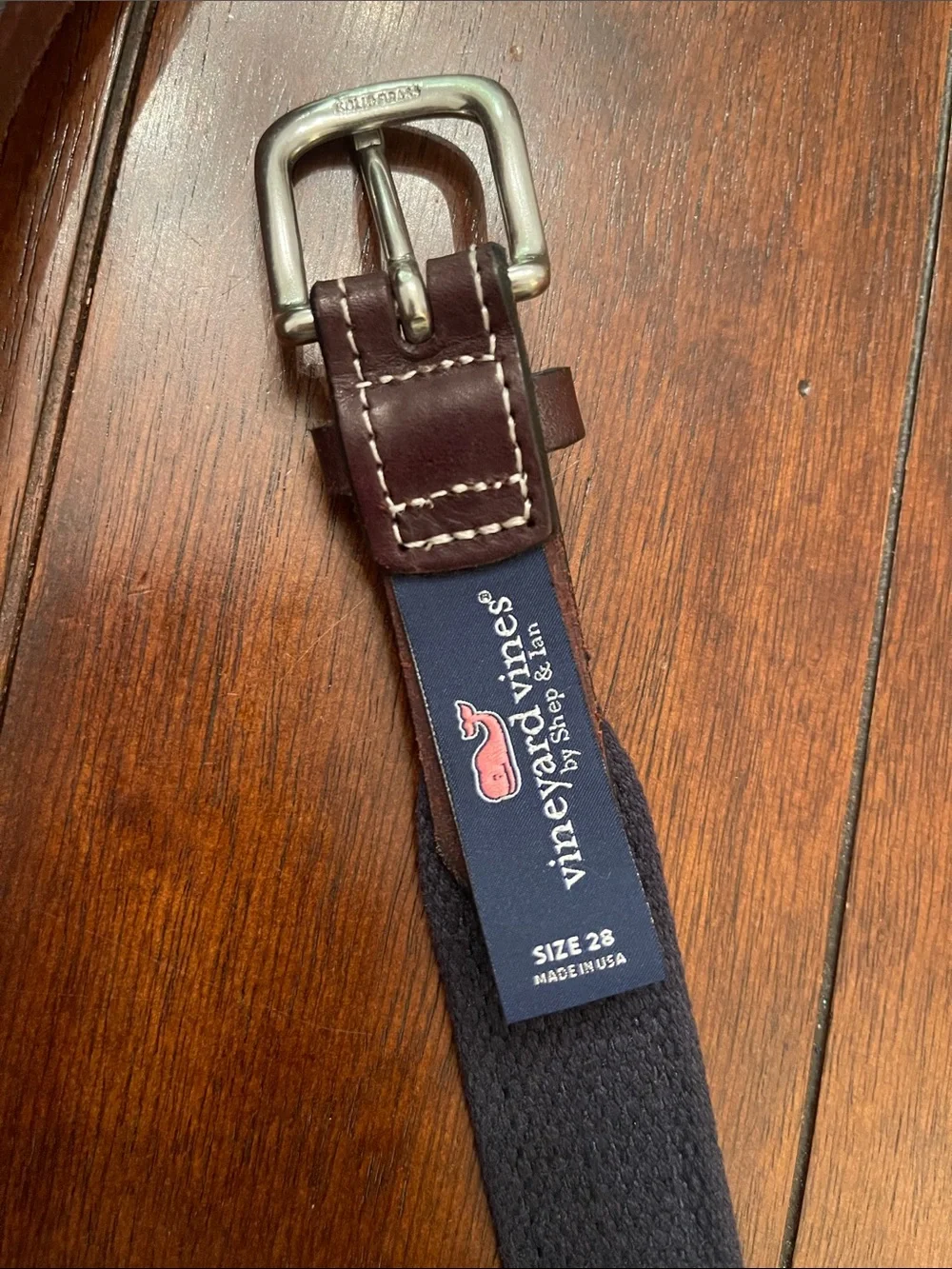 Vineyard Vines Teal Camo Ribbon Belt with Brown Leather Accents Size: 28